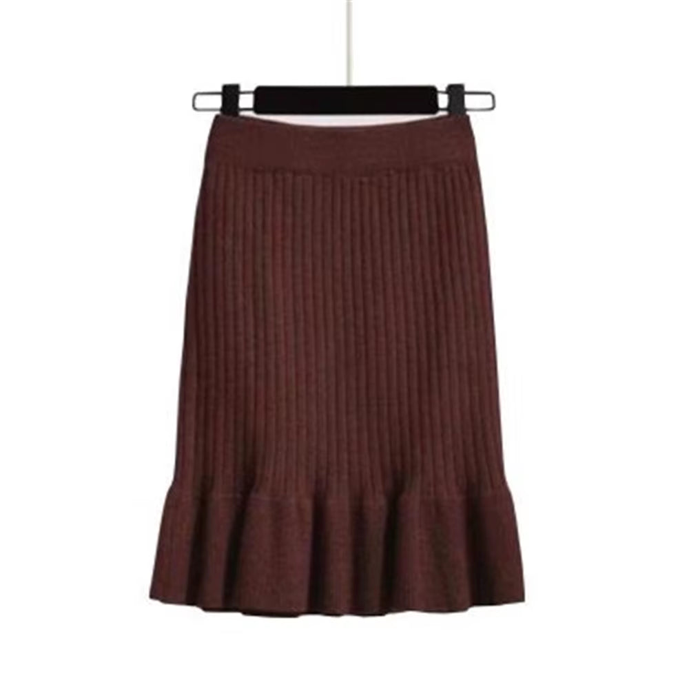 Women Skirt Knitted High Waist Pleated Lady Skirts Solid Elastic Mermaid Knitting Ribbed Autumn Winter Female Bottoms Two Types
