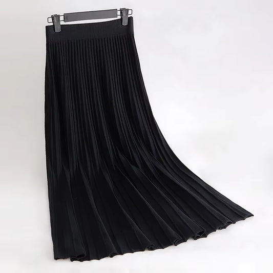 Women'S Autumn Draped Rib Pleated Long Knitted Skirt Elegant Winter Wool Blend A-Line Long Knit Skirt Elastic Waist