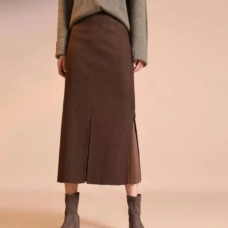 Mid-Length Woolen Split Pleated Skirt