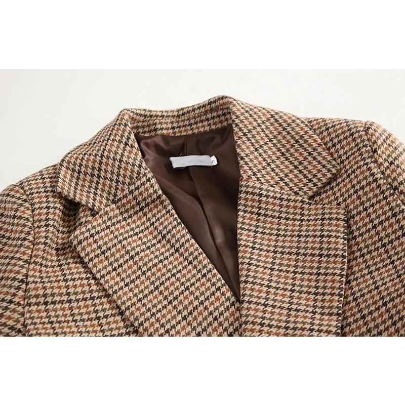 Vintage Houndstooth Winter Thick Women Jacket Blazer Sashes Plaid Female Suit Jacket with Belt Long Sleeve Blaser