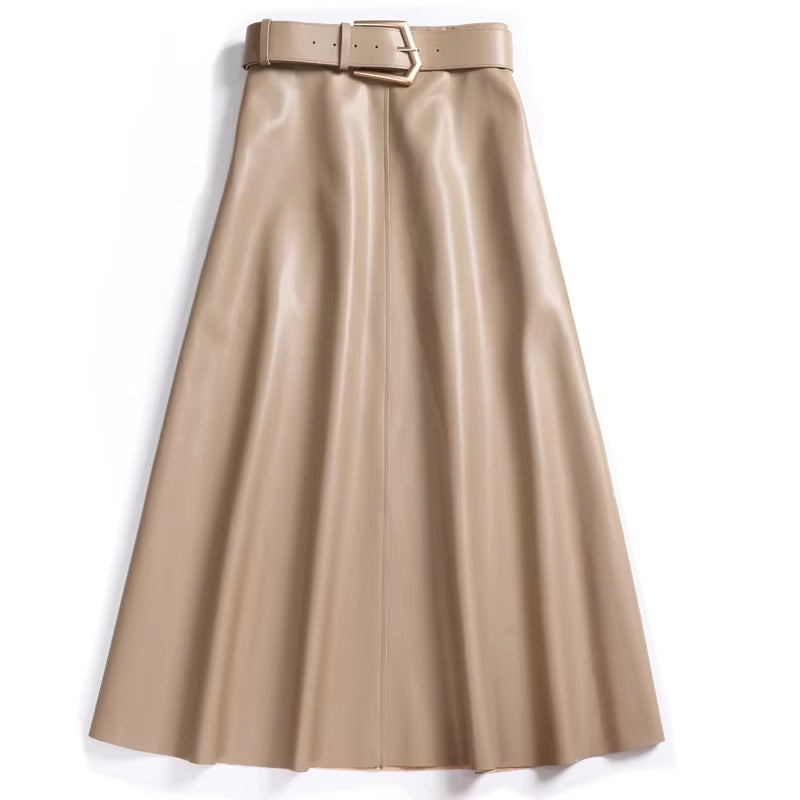 PU Leather Skirt Women Belt with Sashes Slim High Waist A-Line Elegant High Quality Causal Wild 2024 New Autumn HC004