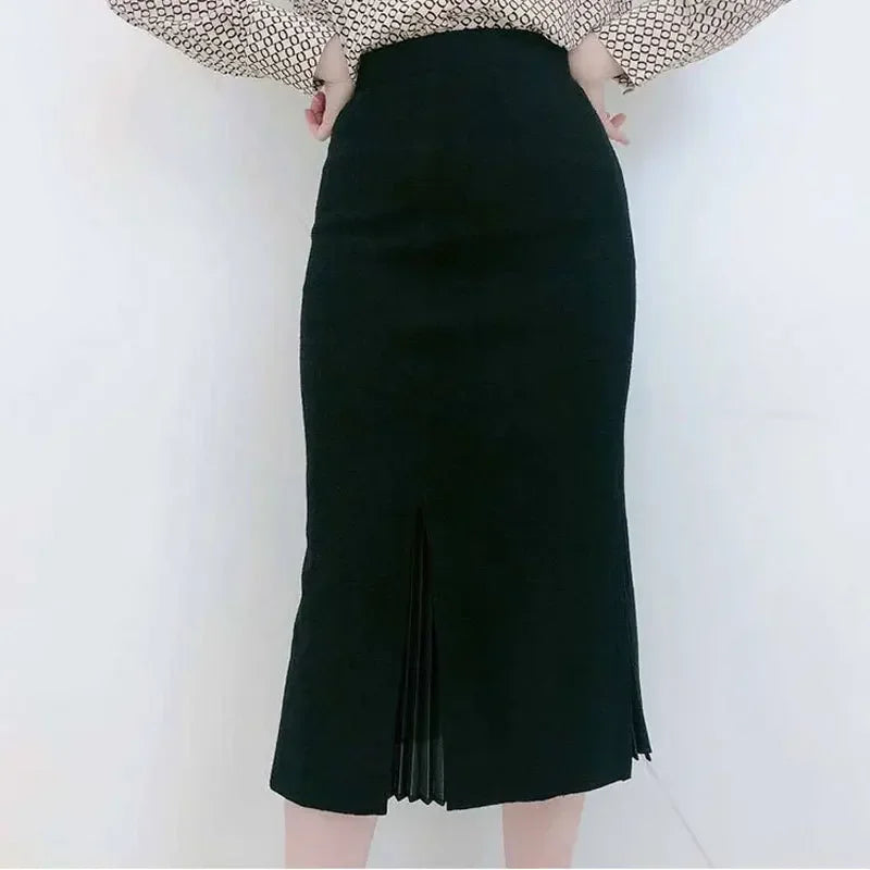 Mid-Length Woolen Split Pleated Skirt