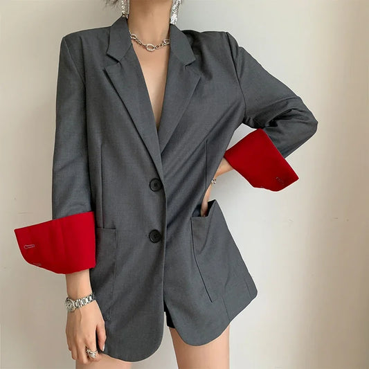 Office Ladies Plaid Blazer Korean Niche Stylish Grey Slim Contrast Color Blazers 2024 New Female Jacket Mujer