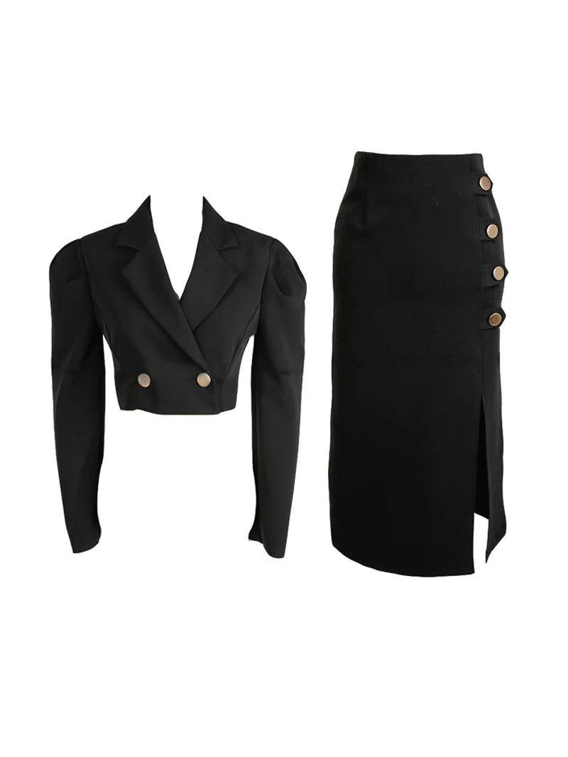 New Spring Autumn Black Formal Sexy 2 Piece Outfit Short Set Women Ladies Clothes Cropped Suit Blazer Coat High Waist Slit Skirt