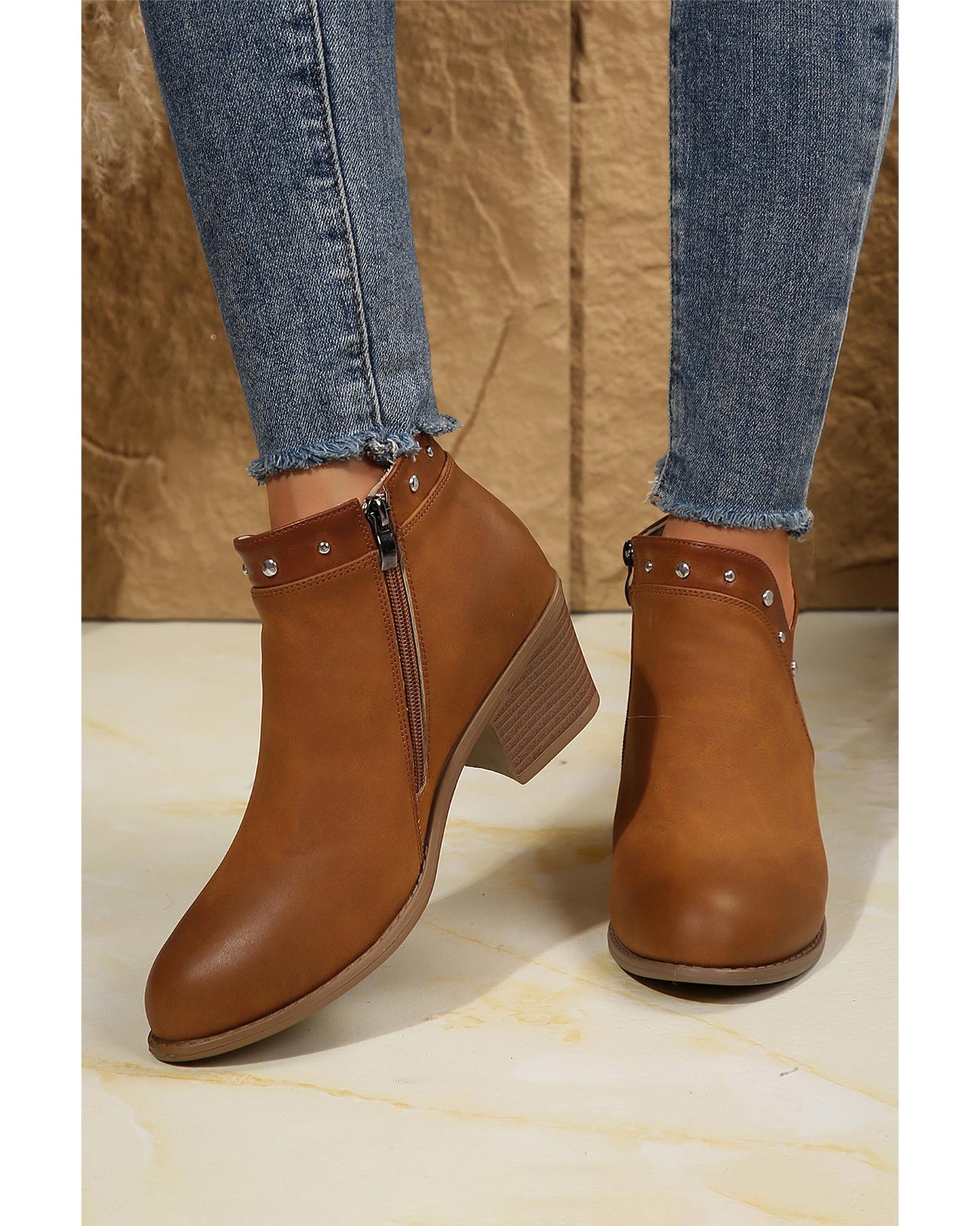 Studded Faux Leather Chunky Heel Ankle Boots