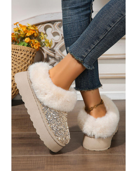 Gold Sequin Plush Lined Thick Sole Snow Boots - 37 EU
