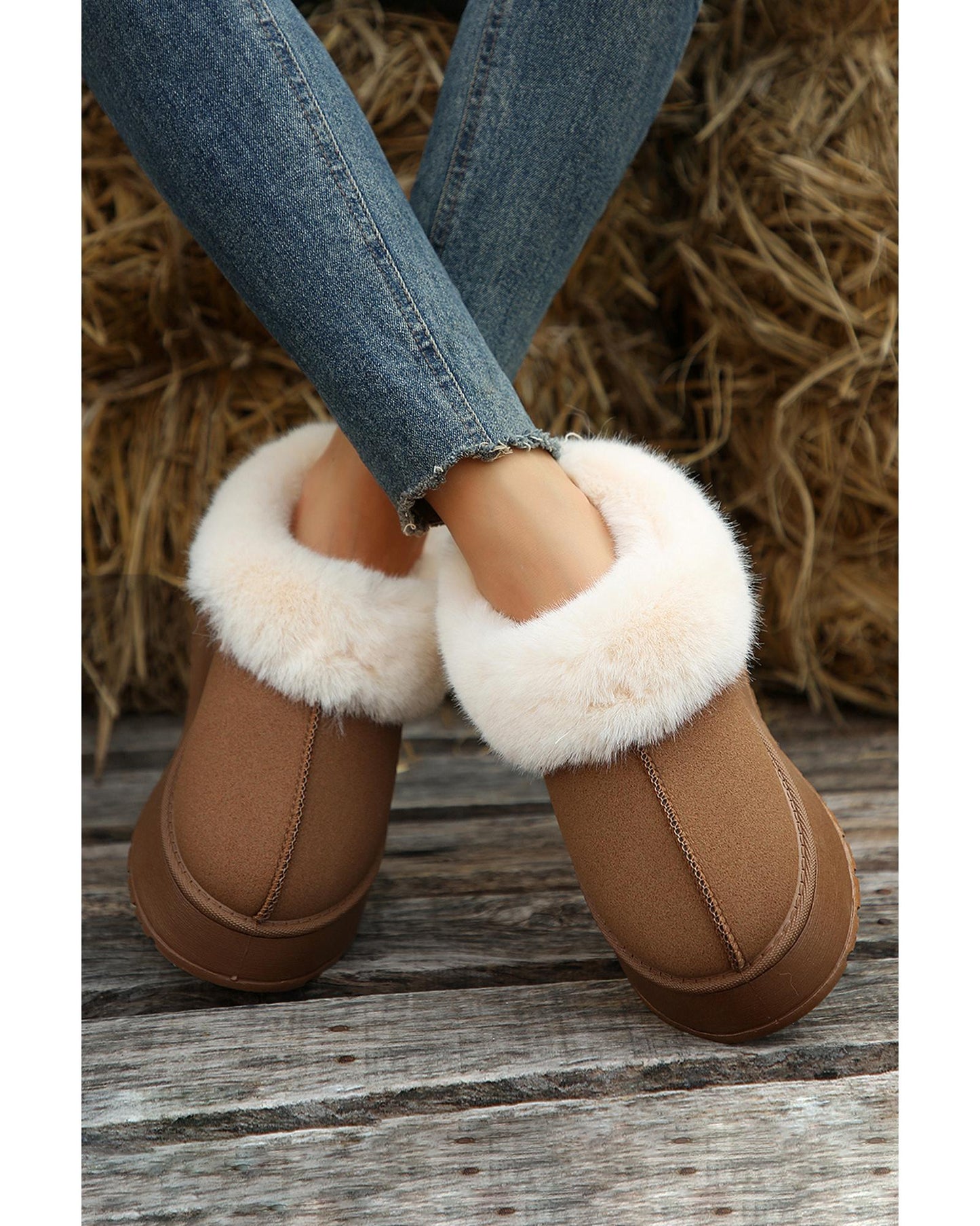 Chestnut Plush Suede Trim Thick Sole Flat Snow Boots - 40 EU