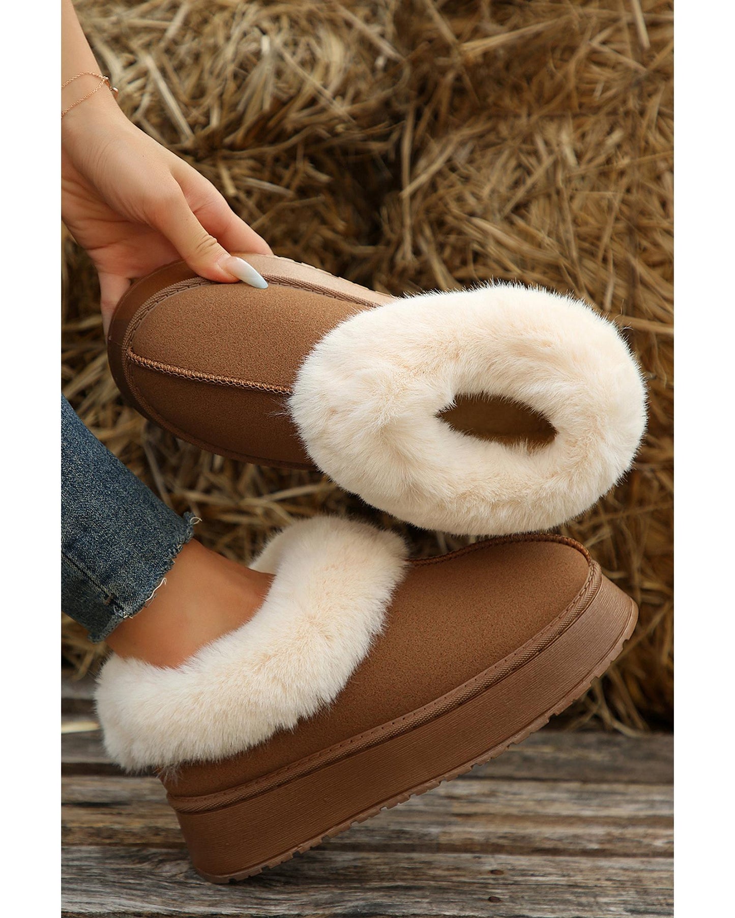 Chestnut Plush Suede Trim Thick Sole Flat Snow Boots - 40 EU