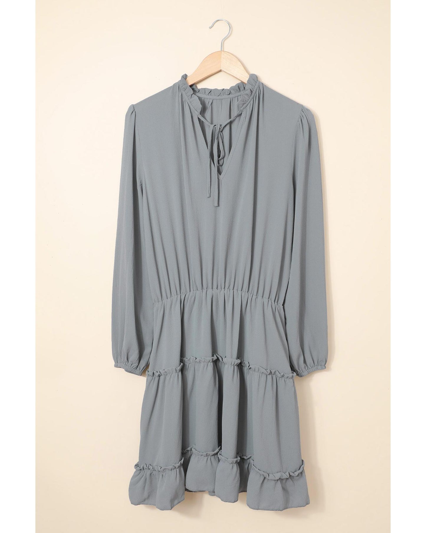 Gray V Neck Long Sleeve Ruffle Tiered Mini Dress