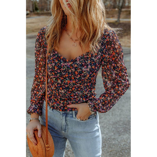 V Neck Bubble Sleeve Floral Blouse