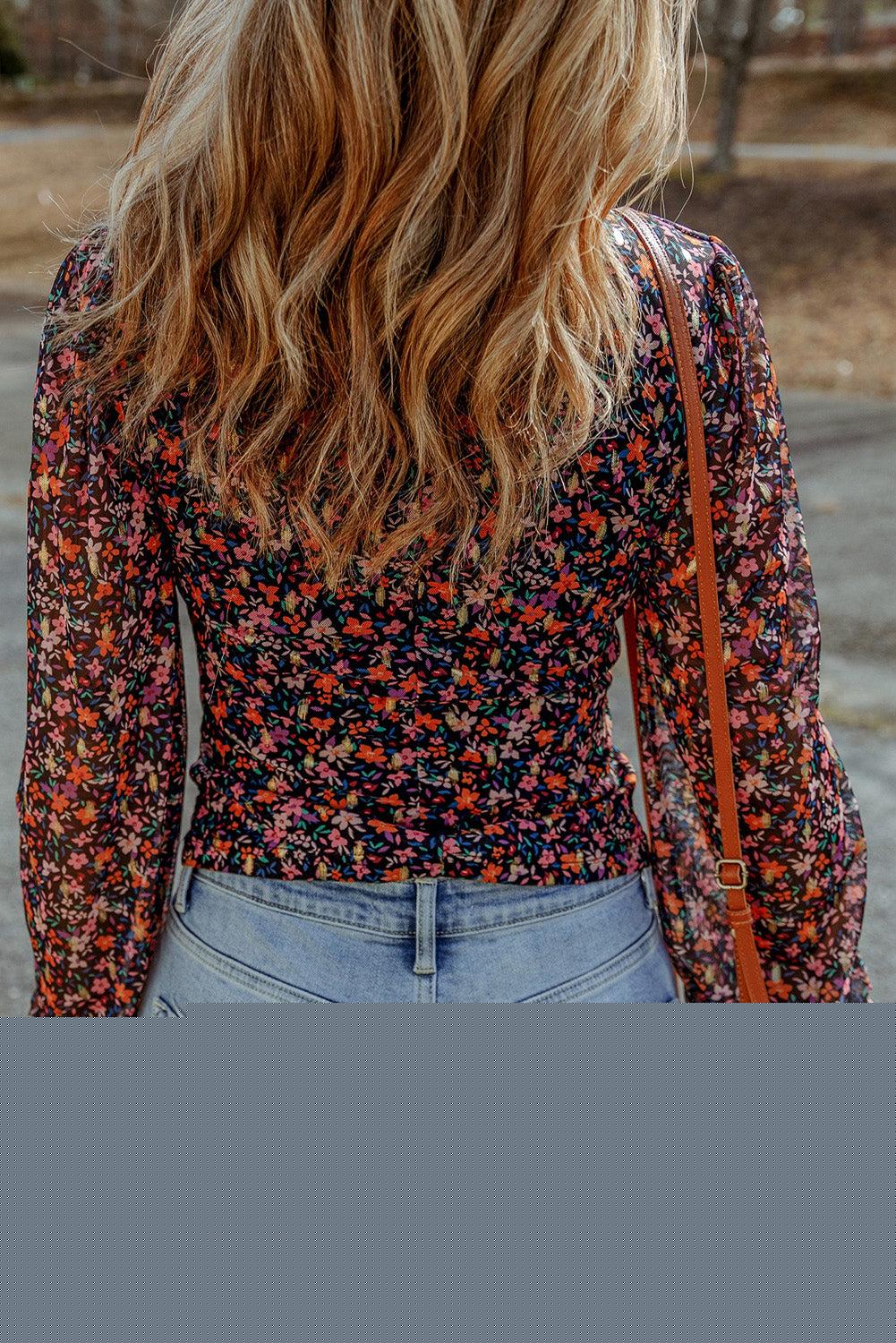 Azura Exchange V Neck Bubble Sleeve Floral Blouse