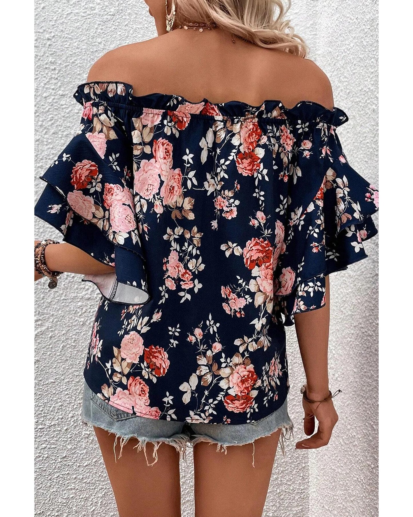 Ruffle Off Shoulder Flounce Sleeve Floral Blouse