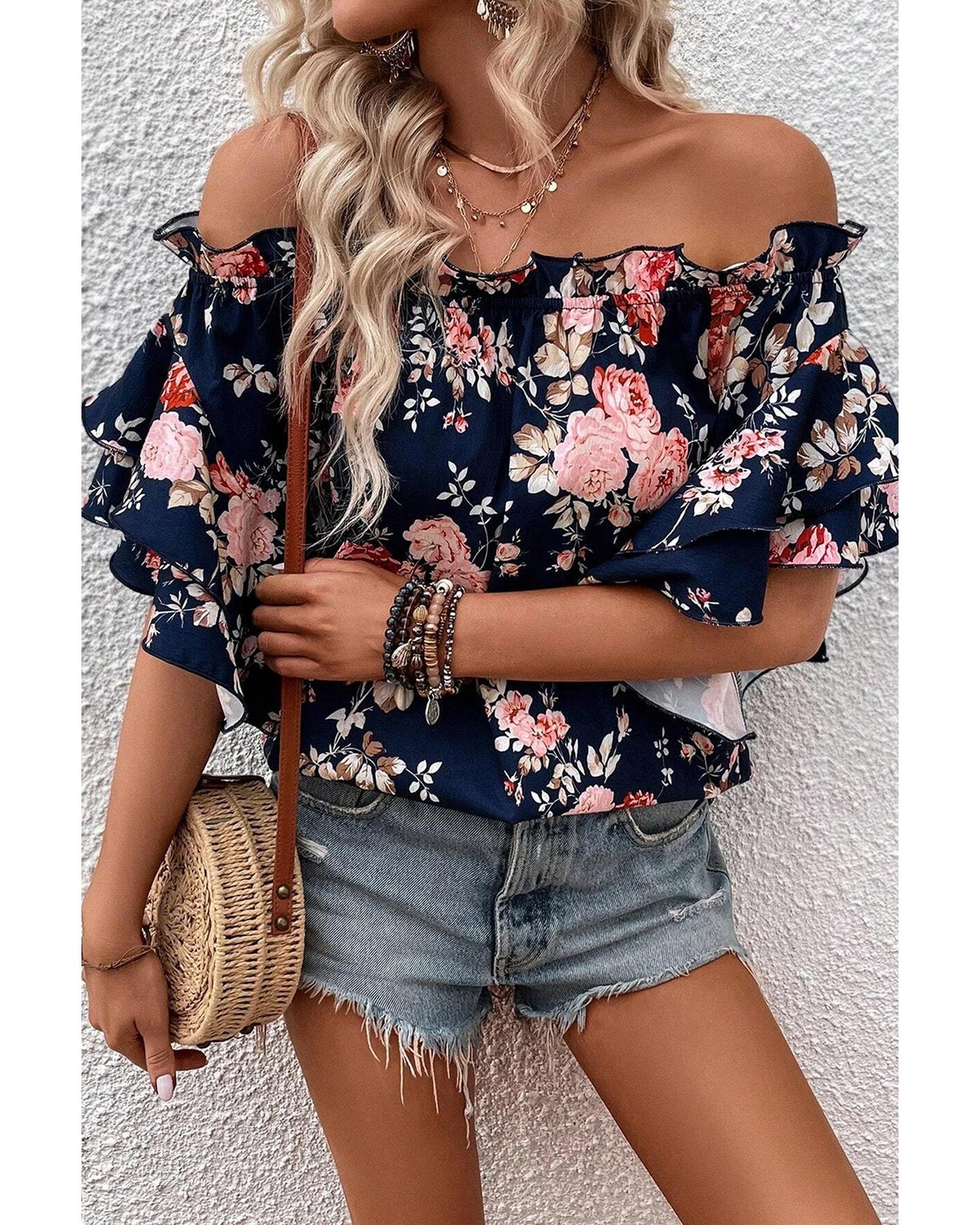 Ruffle Off Shoulder Flounce Sleeve Floral Blouse