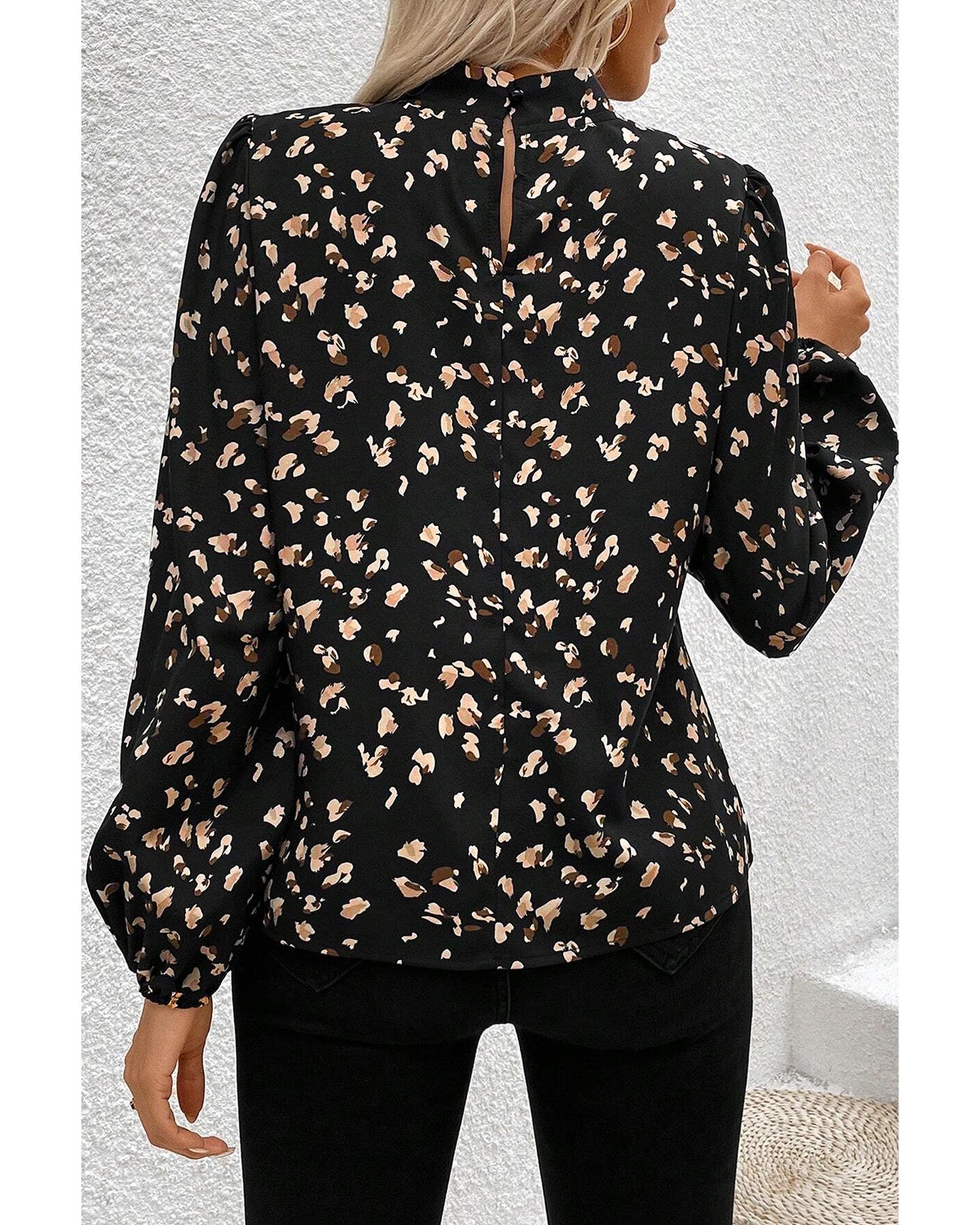 Black Leopard Print Lantern Sleeve Blouse