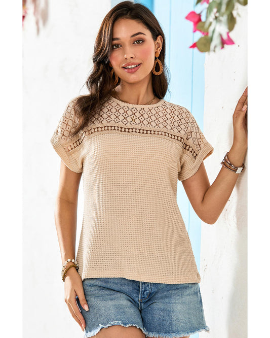 Lace Patchwork Waffle Short-Sleeve Top