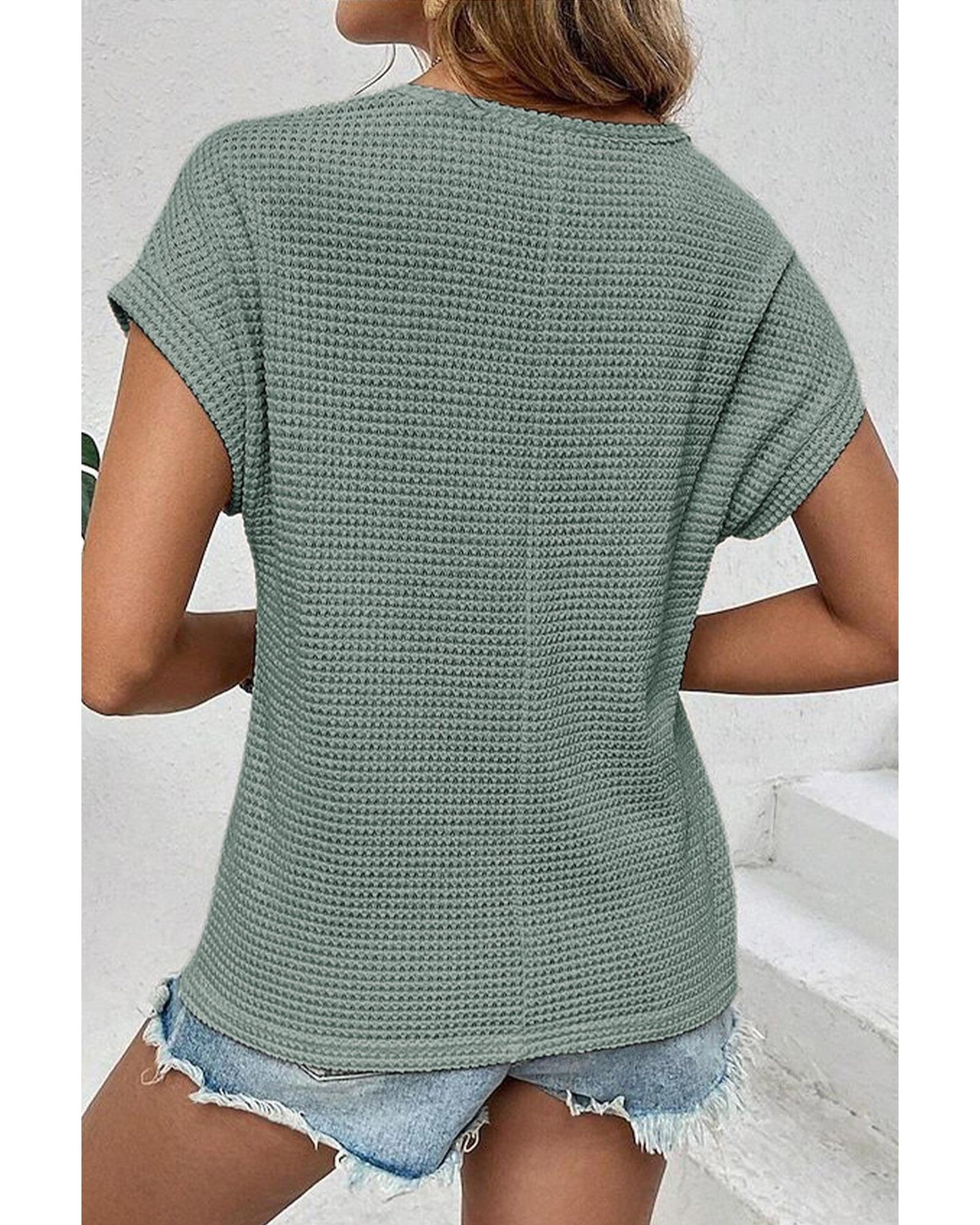 Lace Patchwork Waffle Short-Sleeve Top