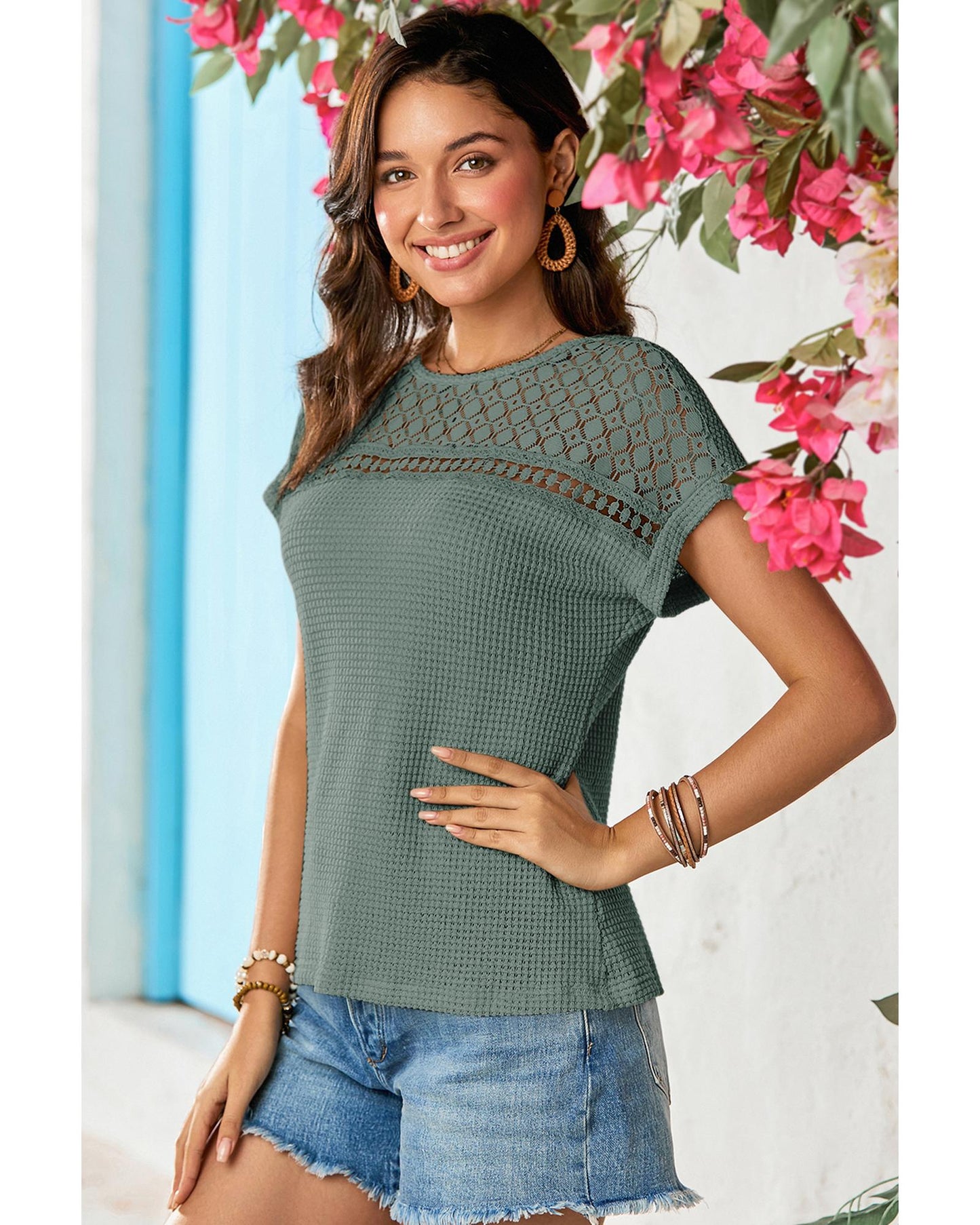 Lace Patchwork Waffle Short-Sleeve Top