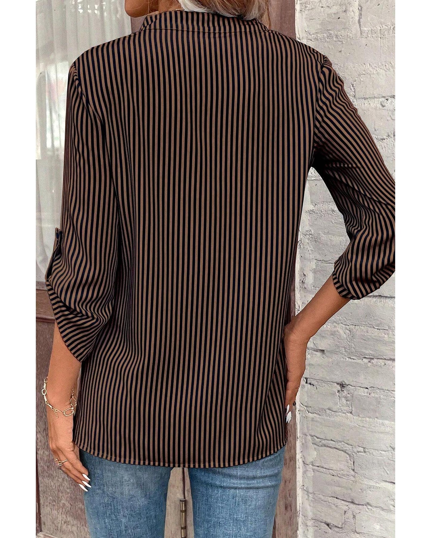 Brown Stripe V Neck Roll Up Sleeve Pocket Patched Classic Shirt