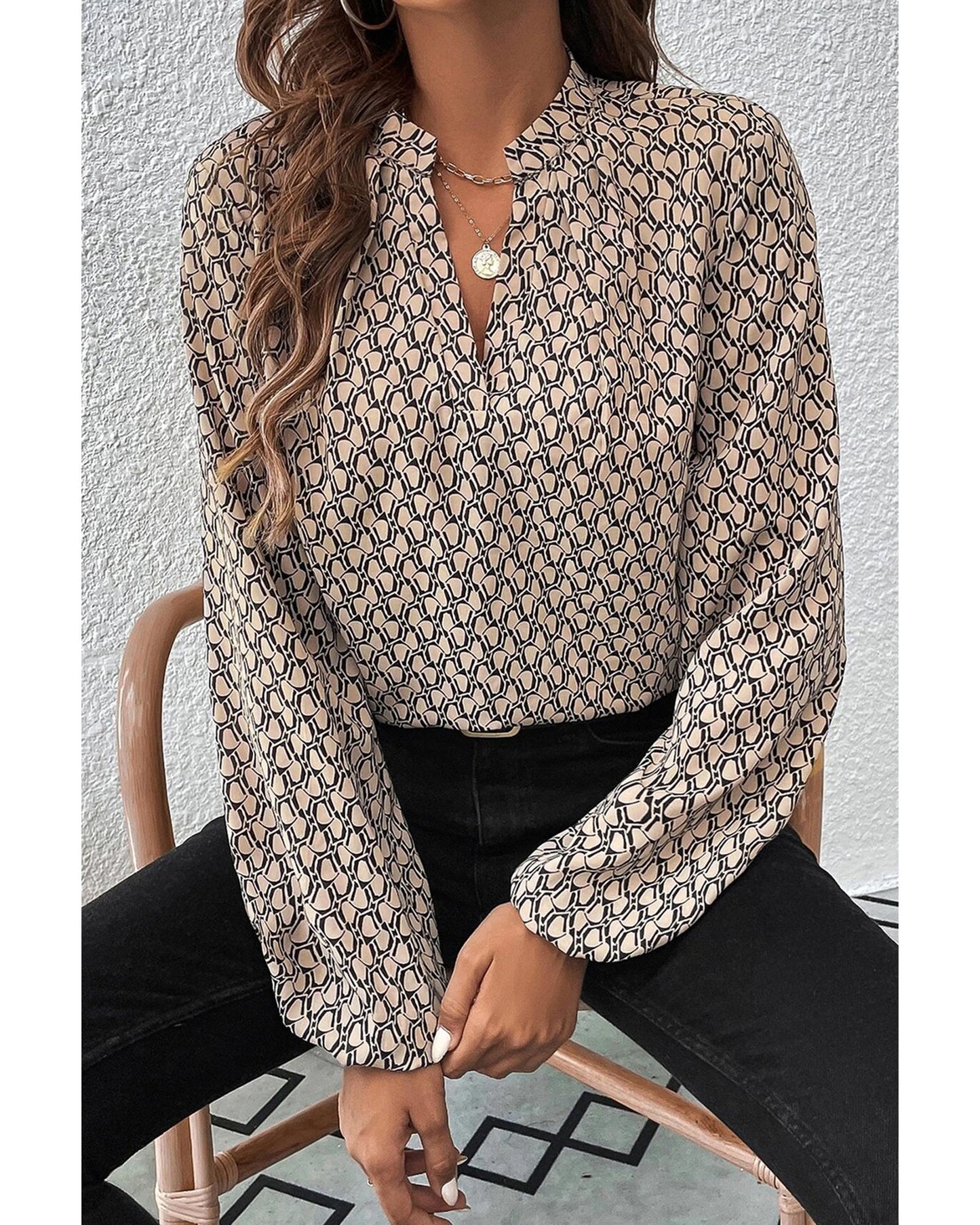 Geometric Print Notched Neck Puff Sleeve Blouse