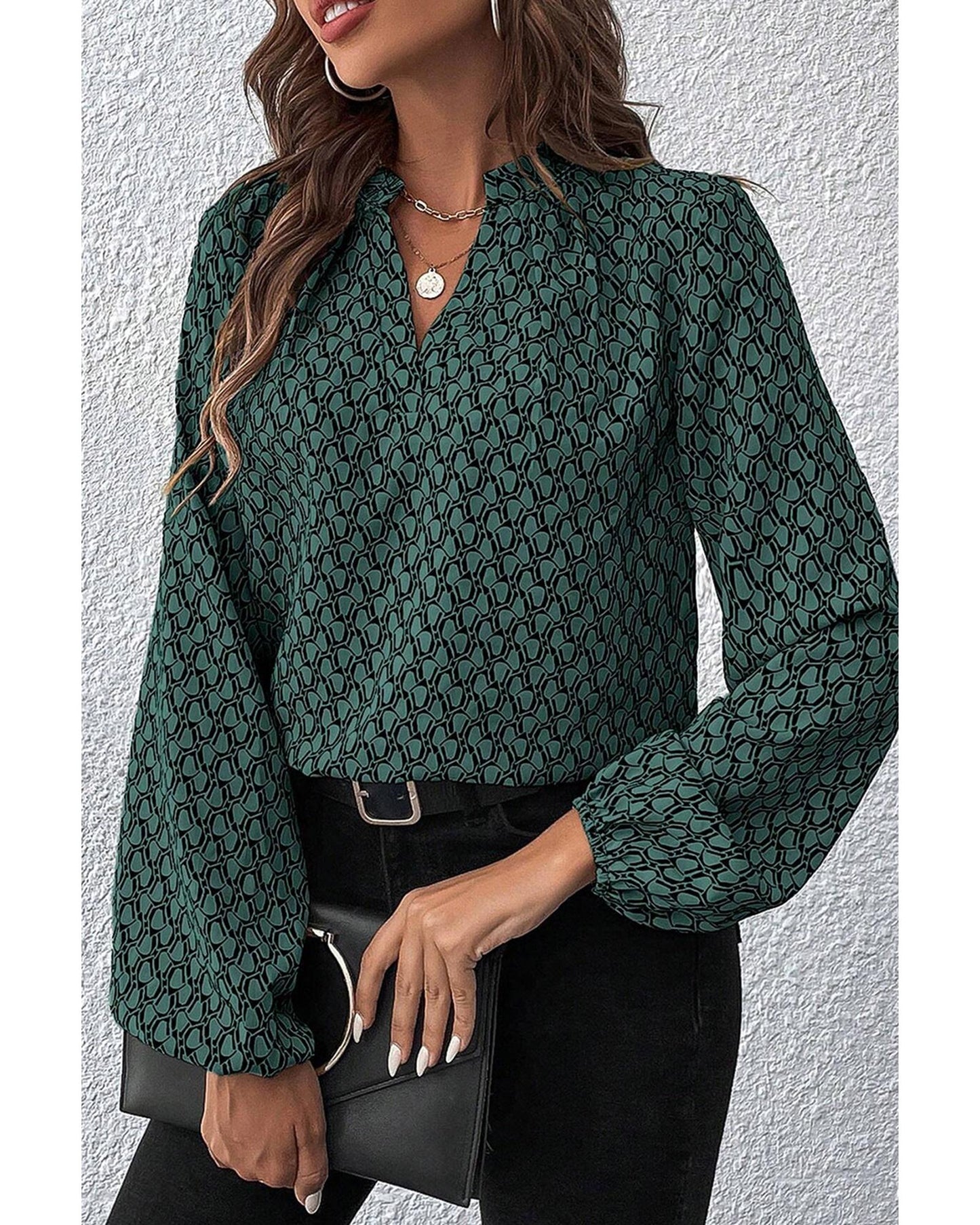 Geometric Print Notched Neck Puff Sleeve Blouse
