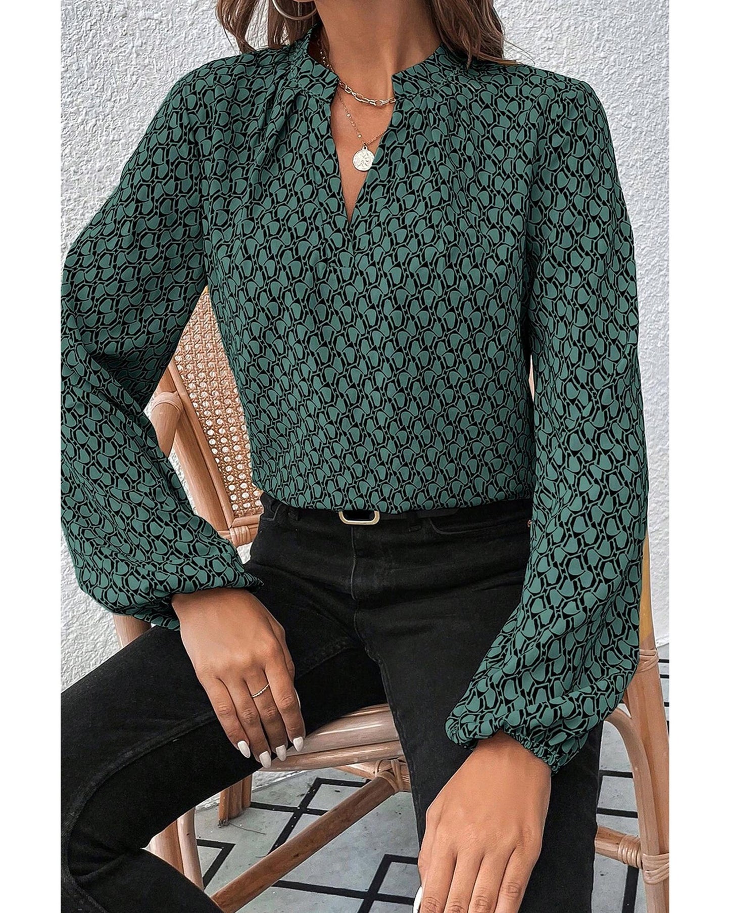 Geometric Print Notched Neck Puff Sleeve Blouse