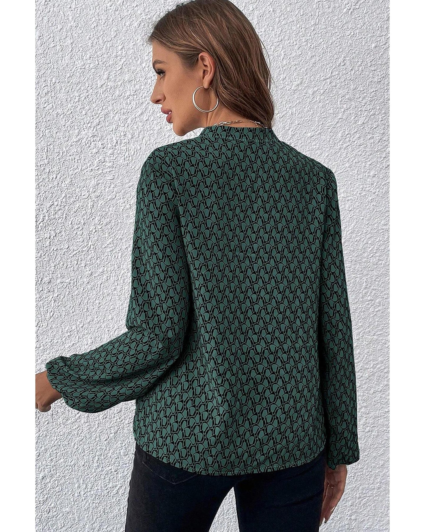 Geometric Print Notched Neck Puff Sleeve Blouse
