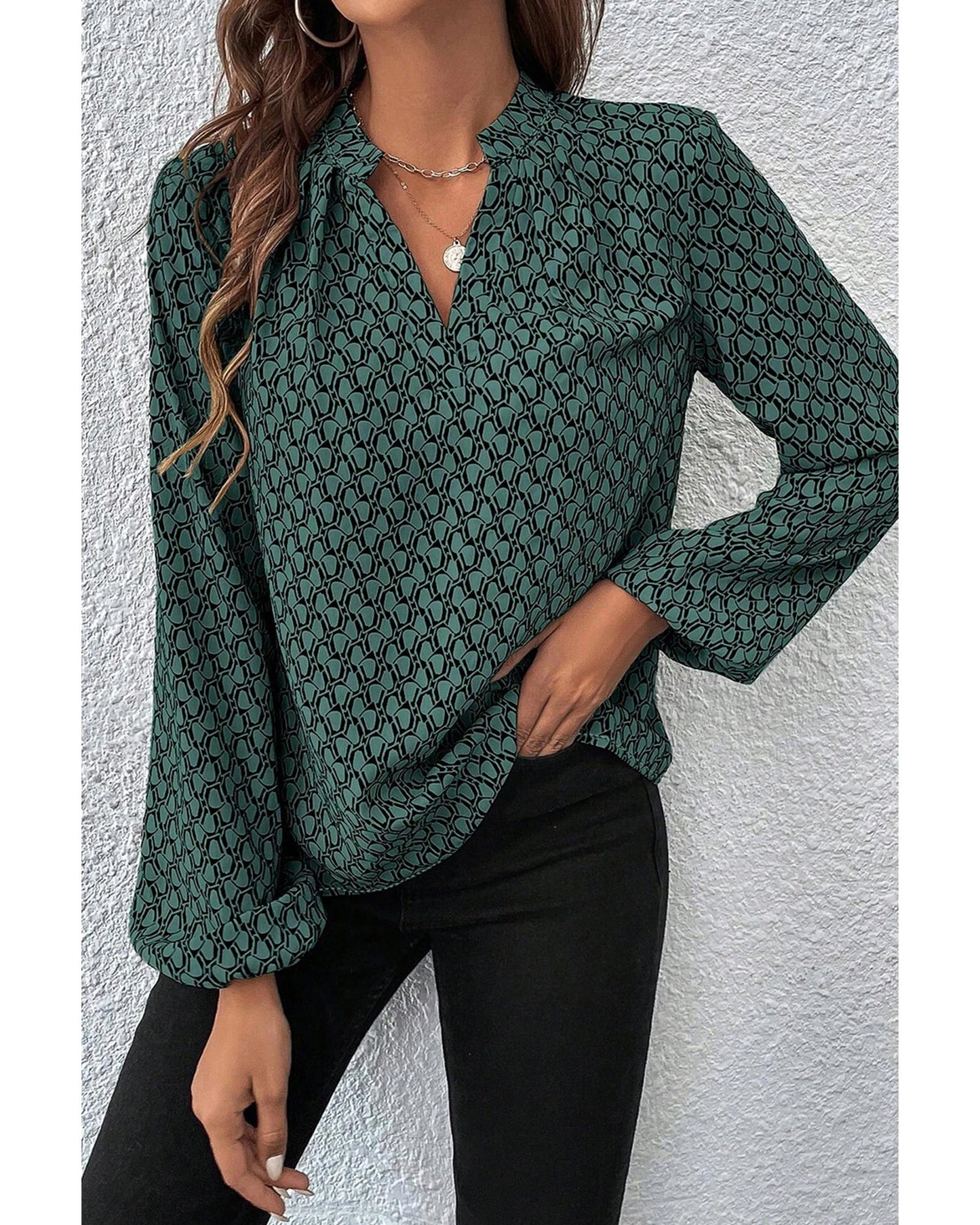 Geometric Print Notched Neck Puff Sleeve Blouse