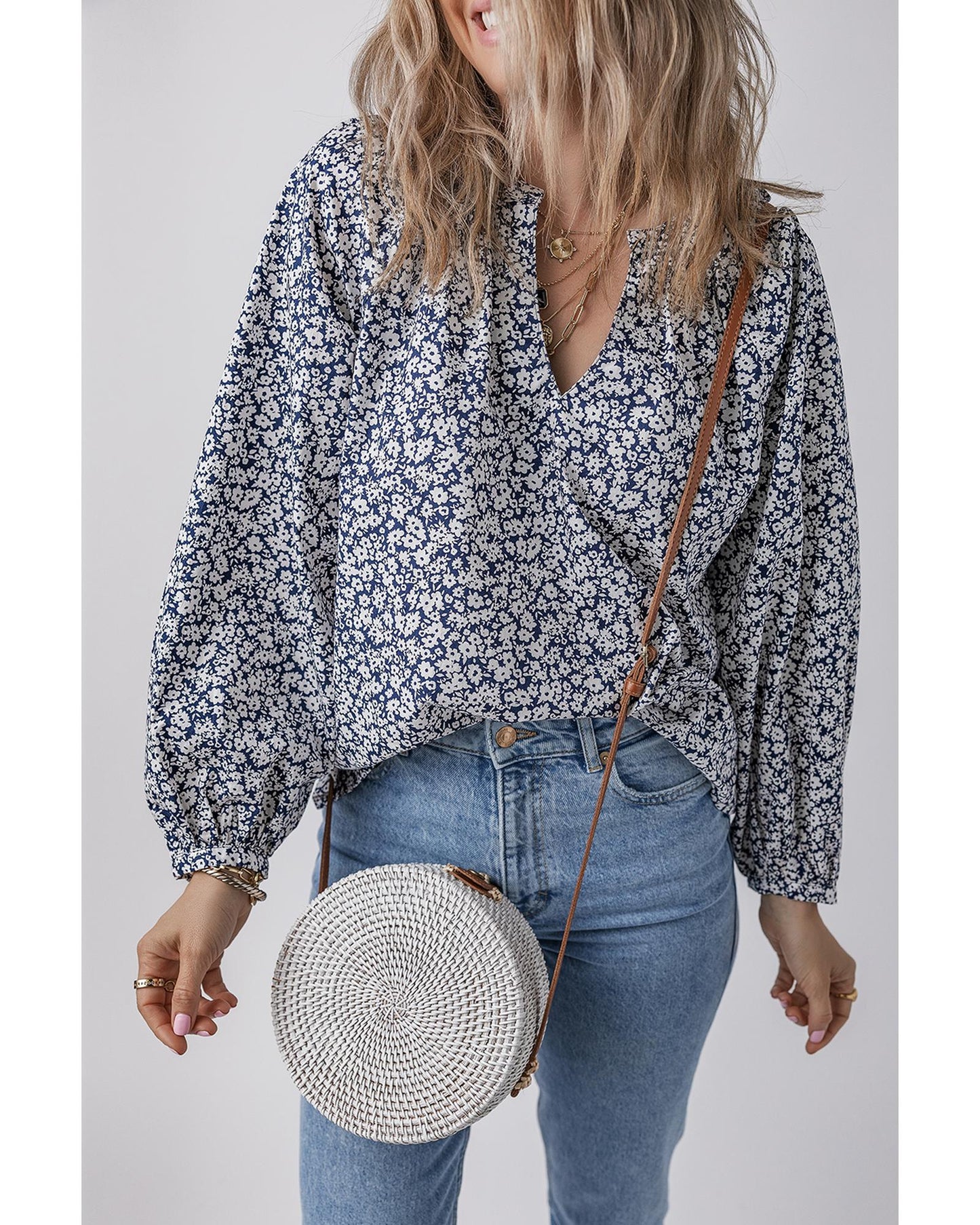 Blue Floral Print V Neck Puff Sleeve Blouse