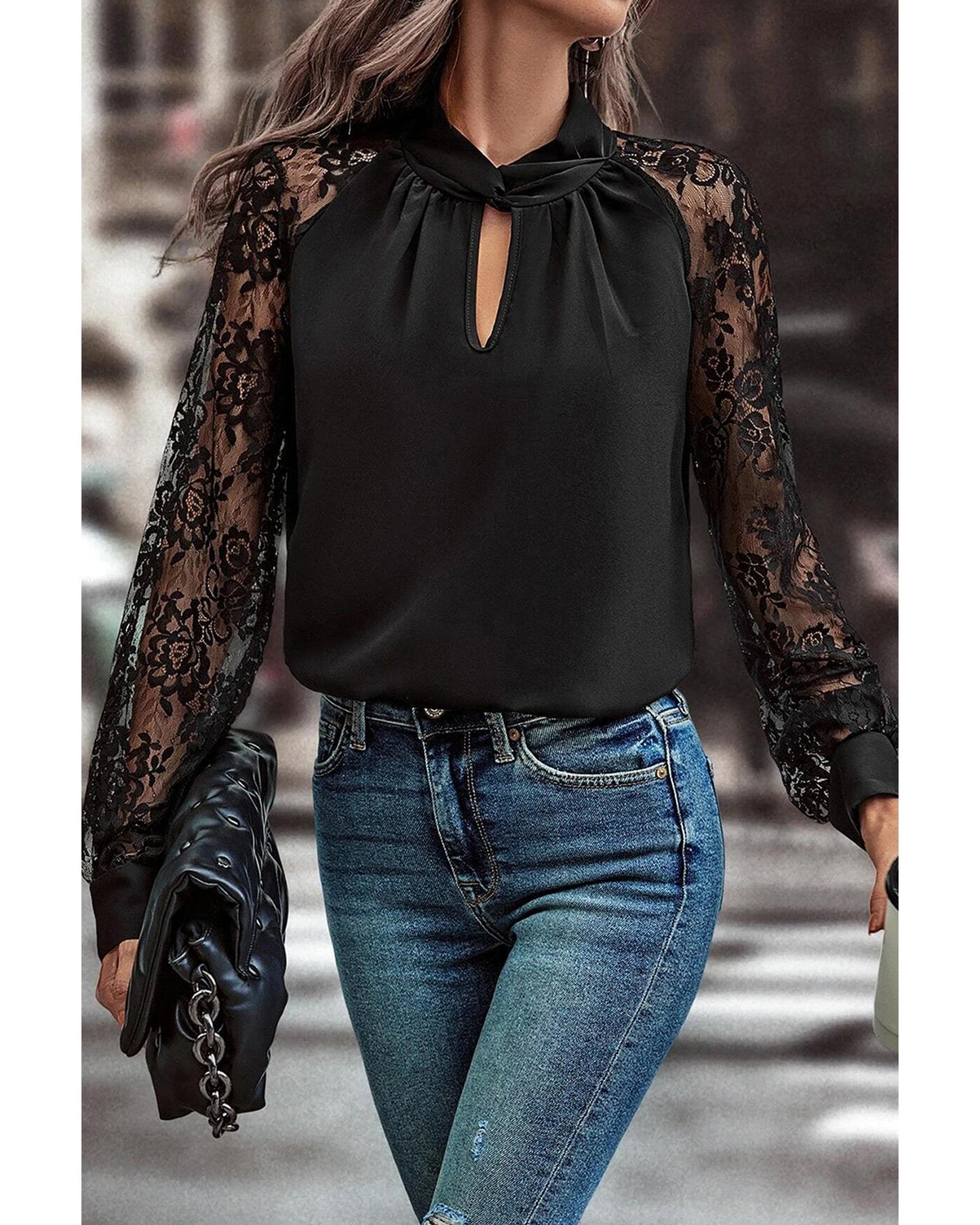 Black Floral Lace Raglan Sleeve Blouse
