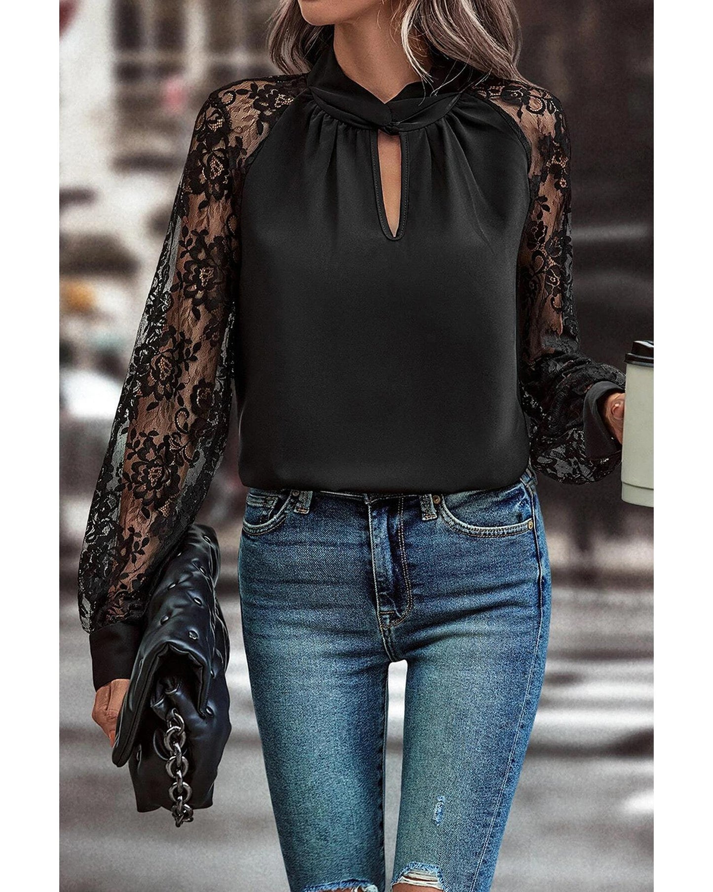 Black Floral Lace Raglan Sleeve Blouse
