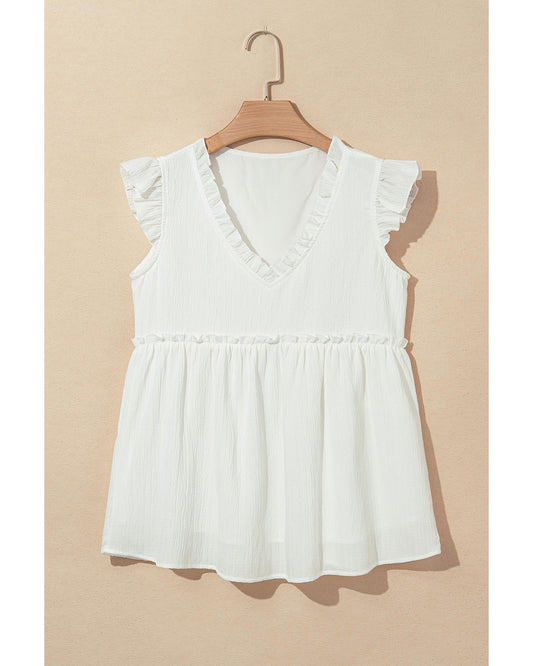 White Textured Ruffled Trim V-Neck Flutter Flowy Top