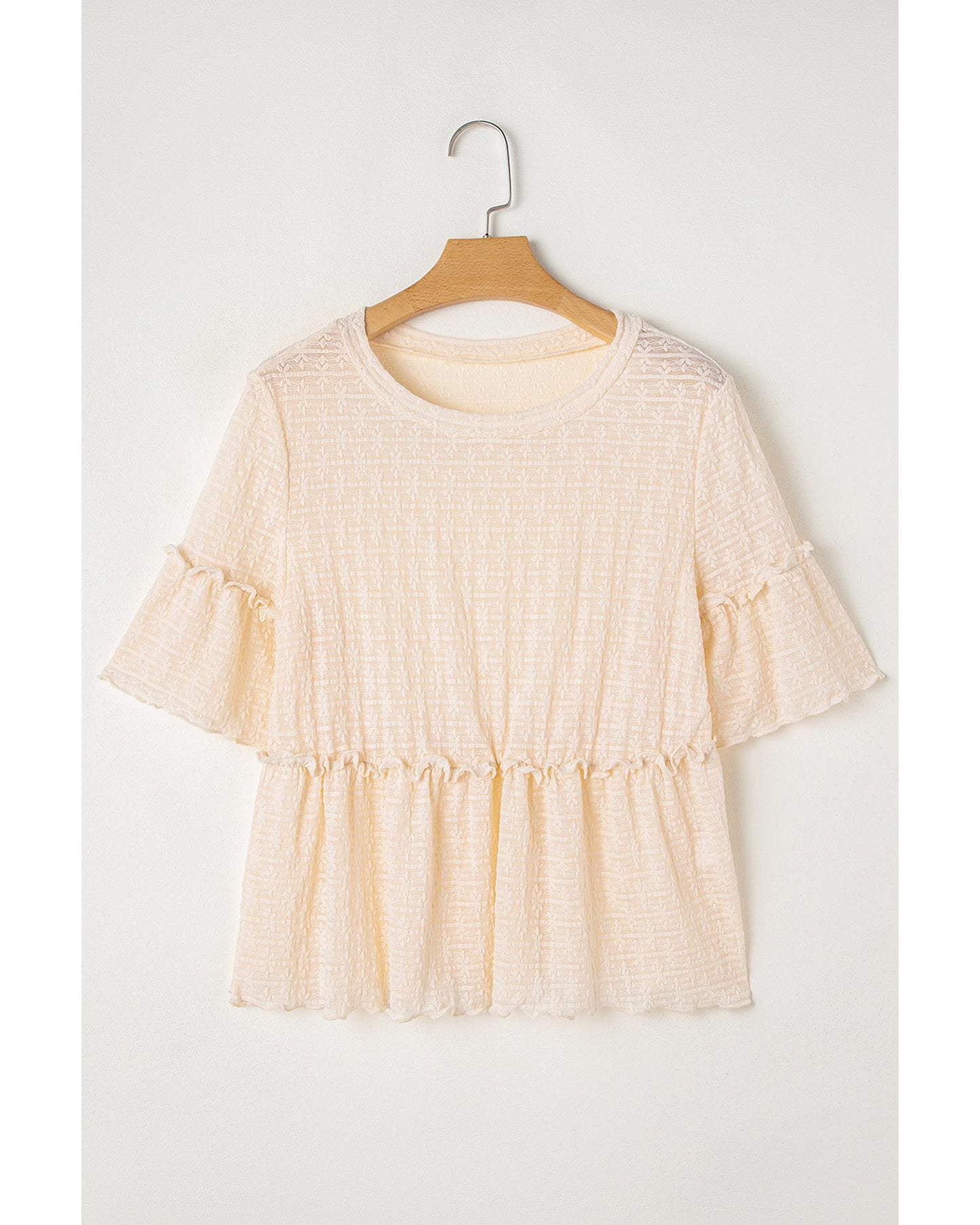 Beige Textured Ruffled Short Sleeve Blouse