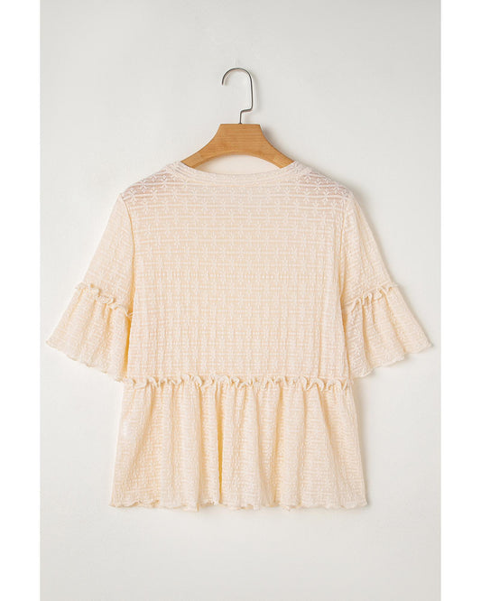 Beige Textured Ruffled Short Sleeve Blouse