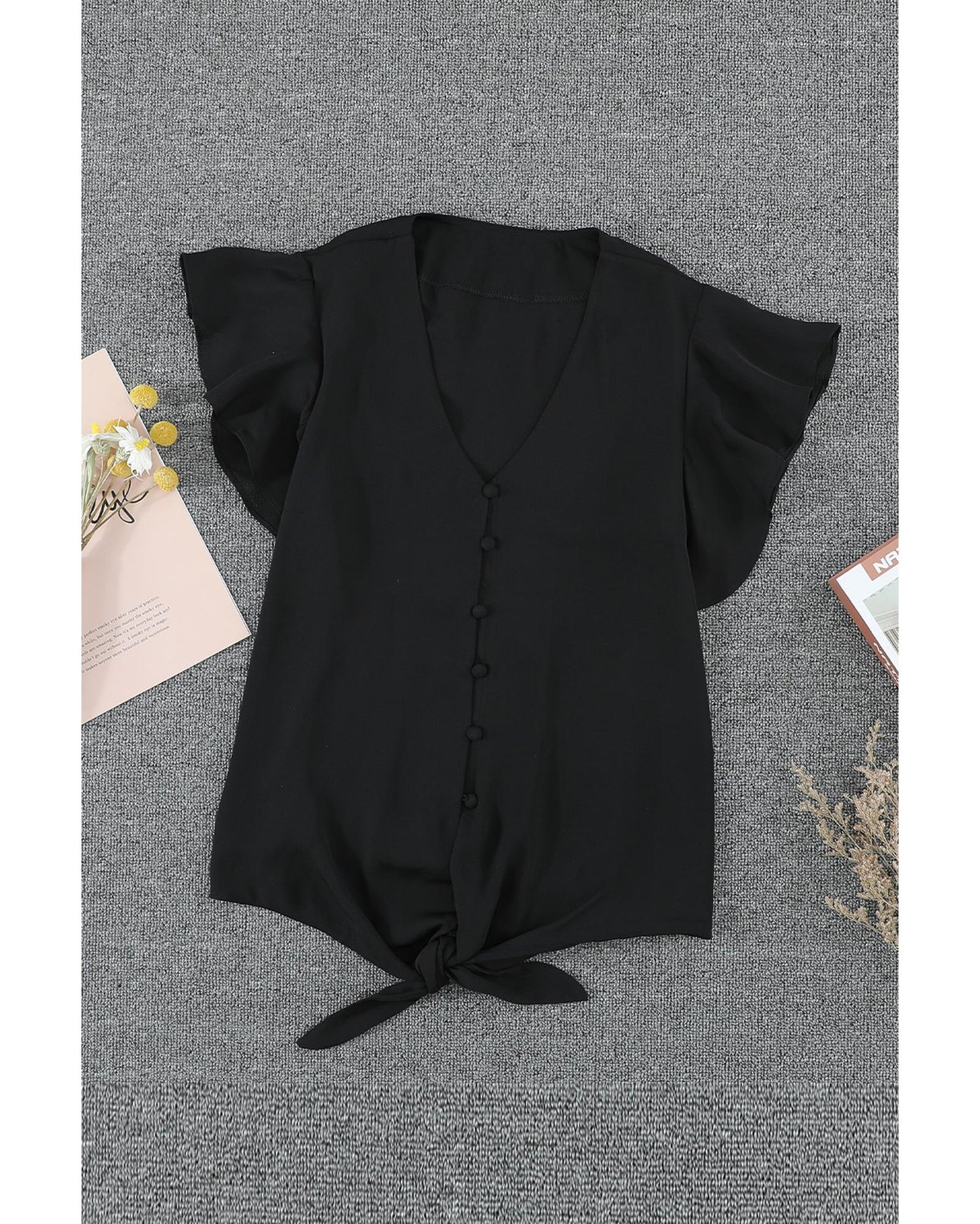 Classic Black with Stylish Button and Tie Details Top