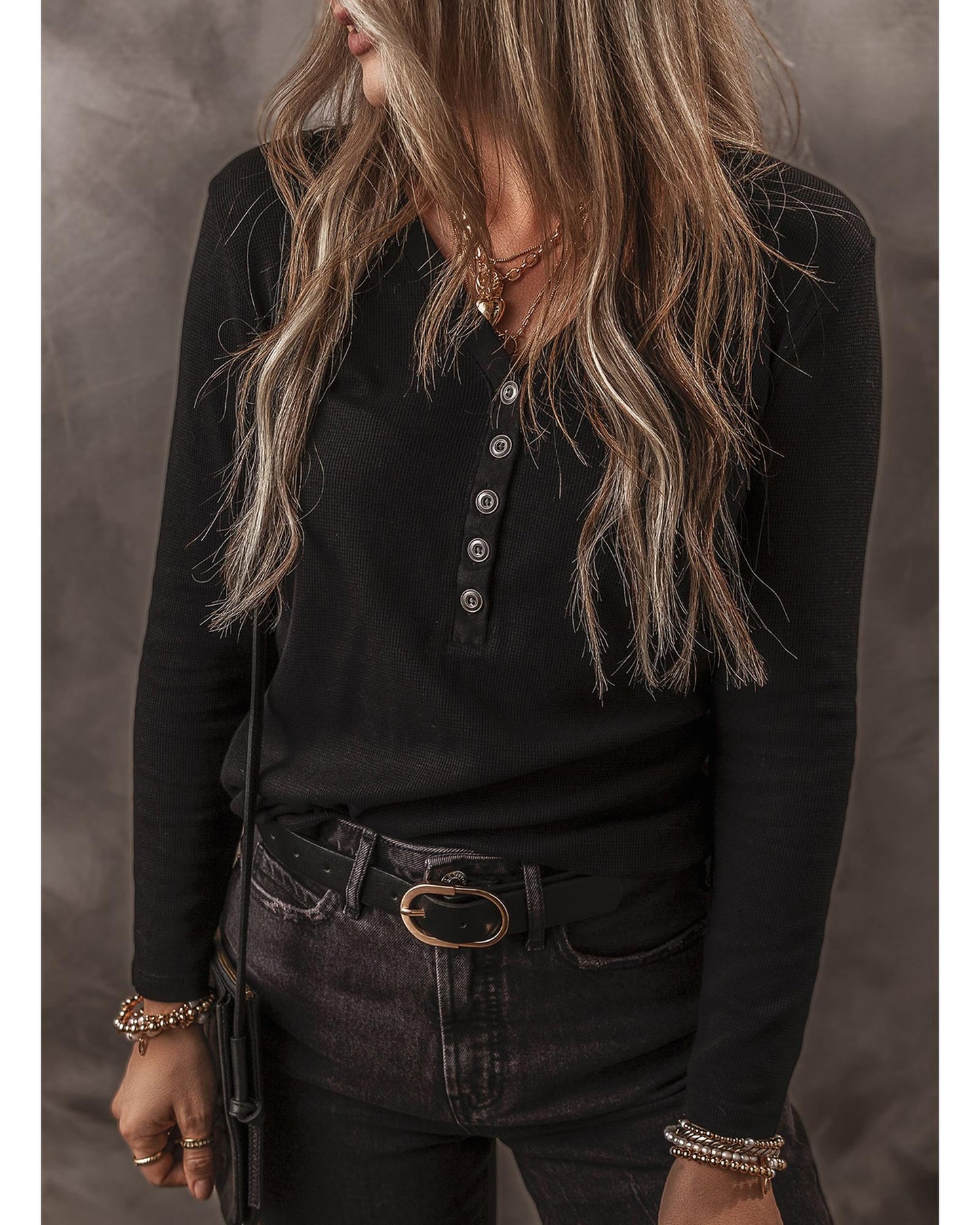 Black Buttoned V-Neck Long Sleeve Ribbed Top