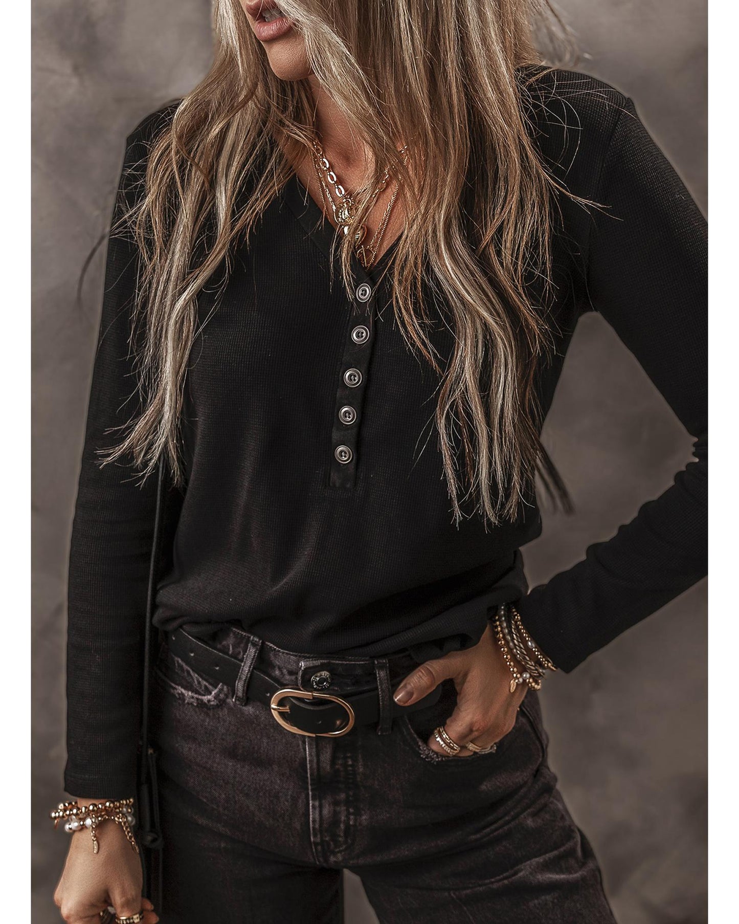 Black Buttoned V-Neck Long Sleeve Ribbed Top