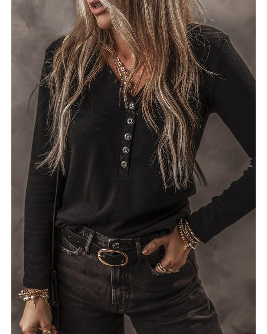 Black Buttoned V-Neck Long Sleeve Ribbed Top