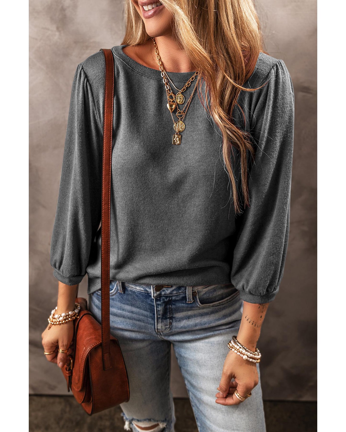 Grey Solid Colour 3/4 Sleeve Round Neck Blouse