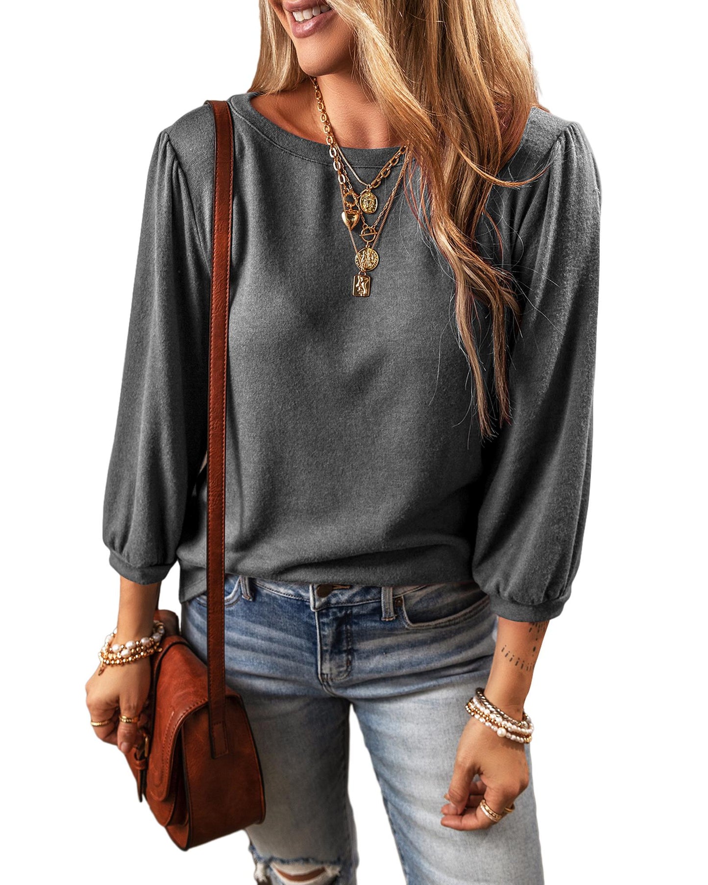Grey Solid Colour 3/4 Sleeve Round Neck Blouse