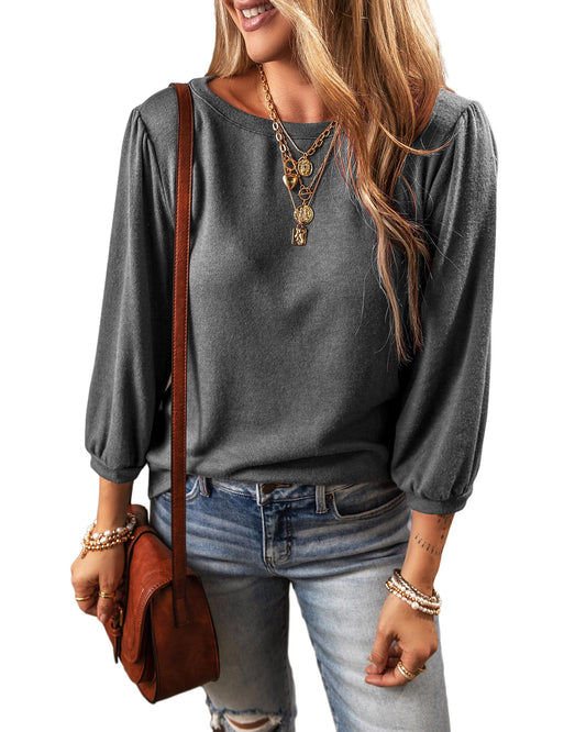 Grey Solid Colour 3/4 Sleeve Round Neck Blouse