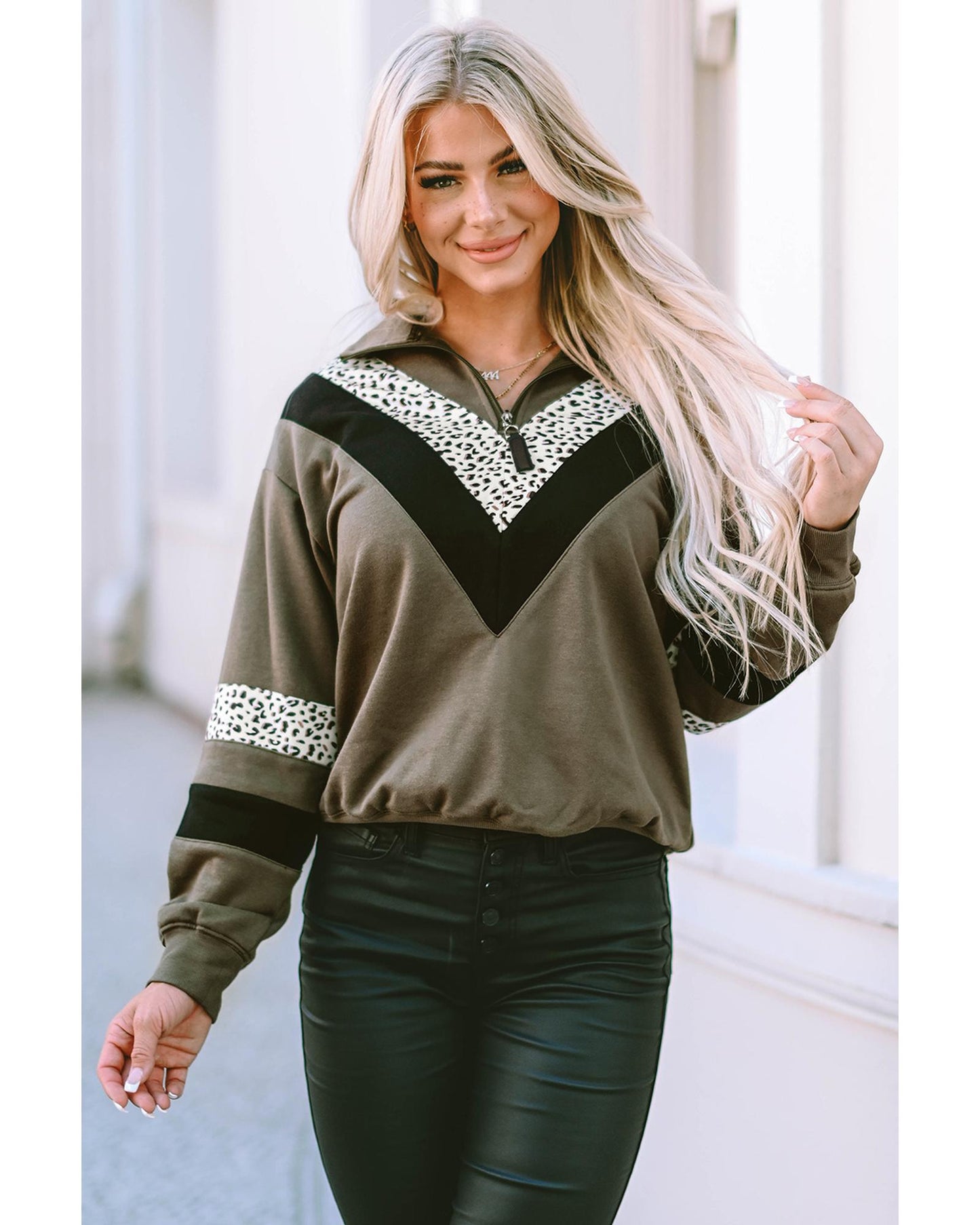 Azura Exchange Leopard Contrast Splicing Quarter Zip Sweatshirt - L