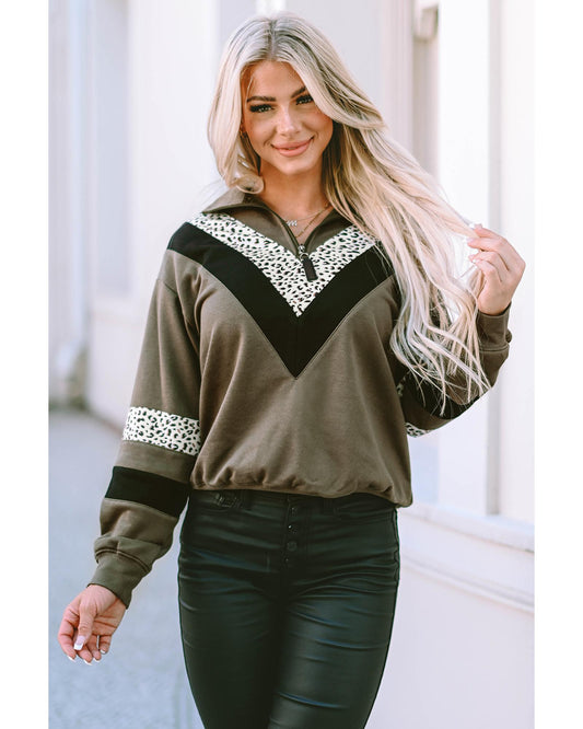 Azura Exchange Leopard Contrast Splicing Quarter Zip Sweatshirt - L