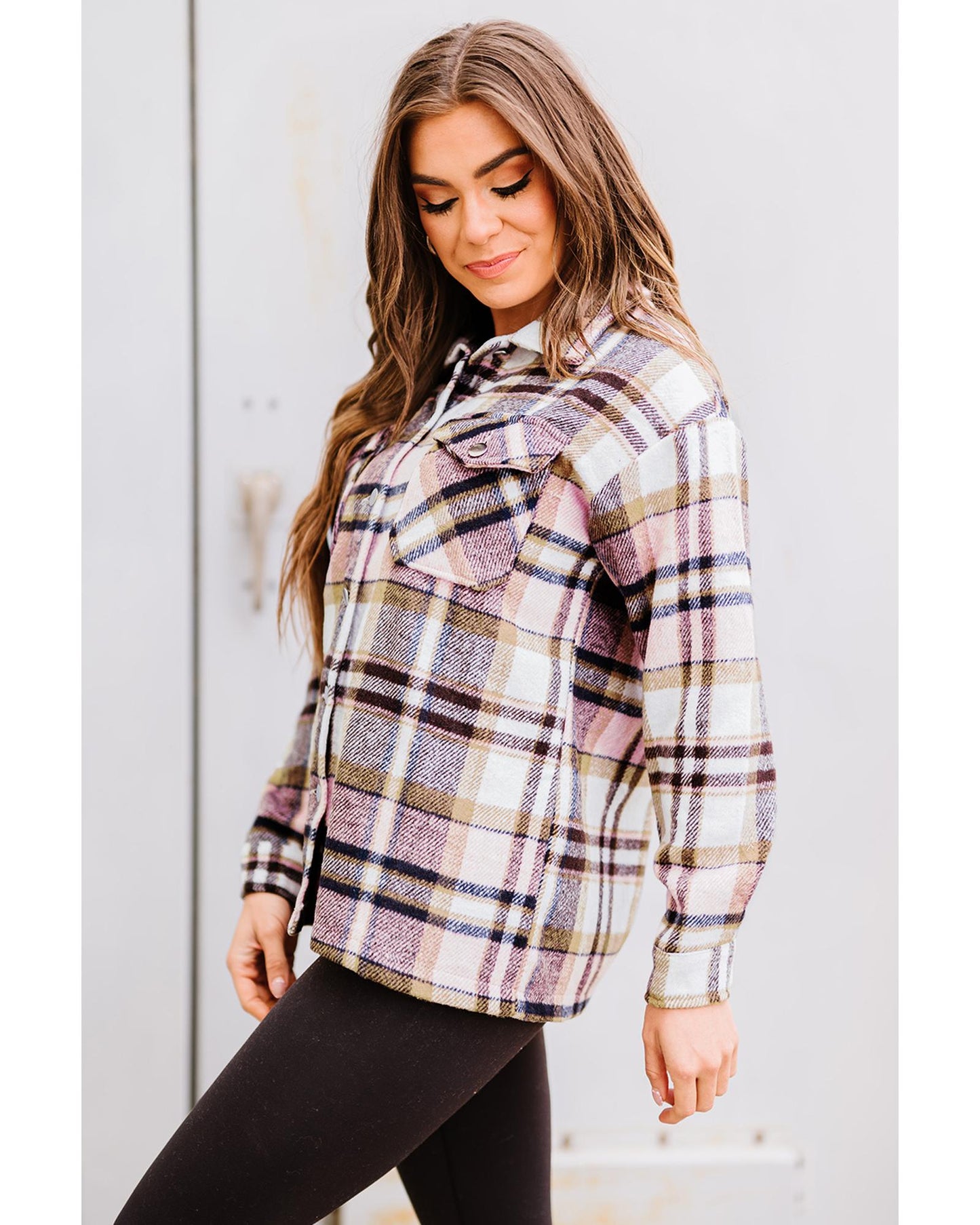 Azura Exchange Pink Geometric Plaid Print Pocketed Shacket - L