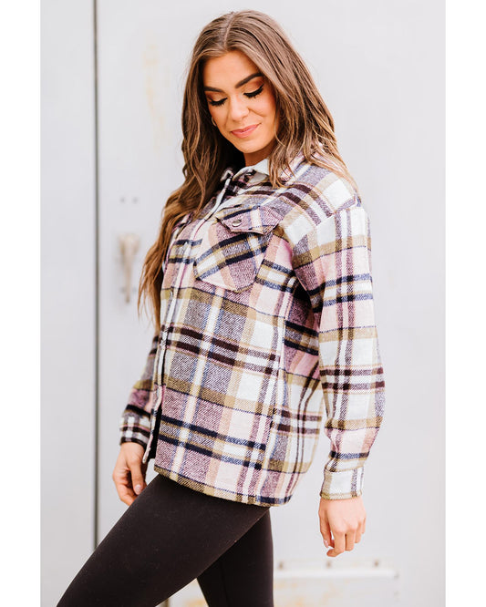 Azura Exchange Pink Geometric Plaid Print Pocketed Shacket - L