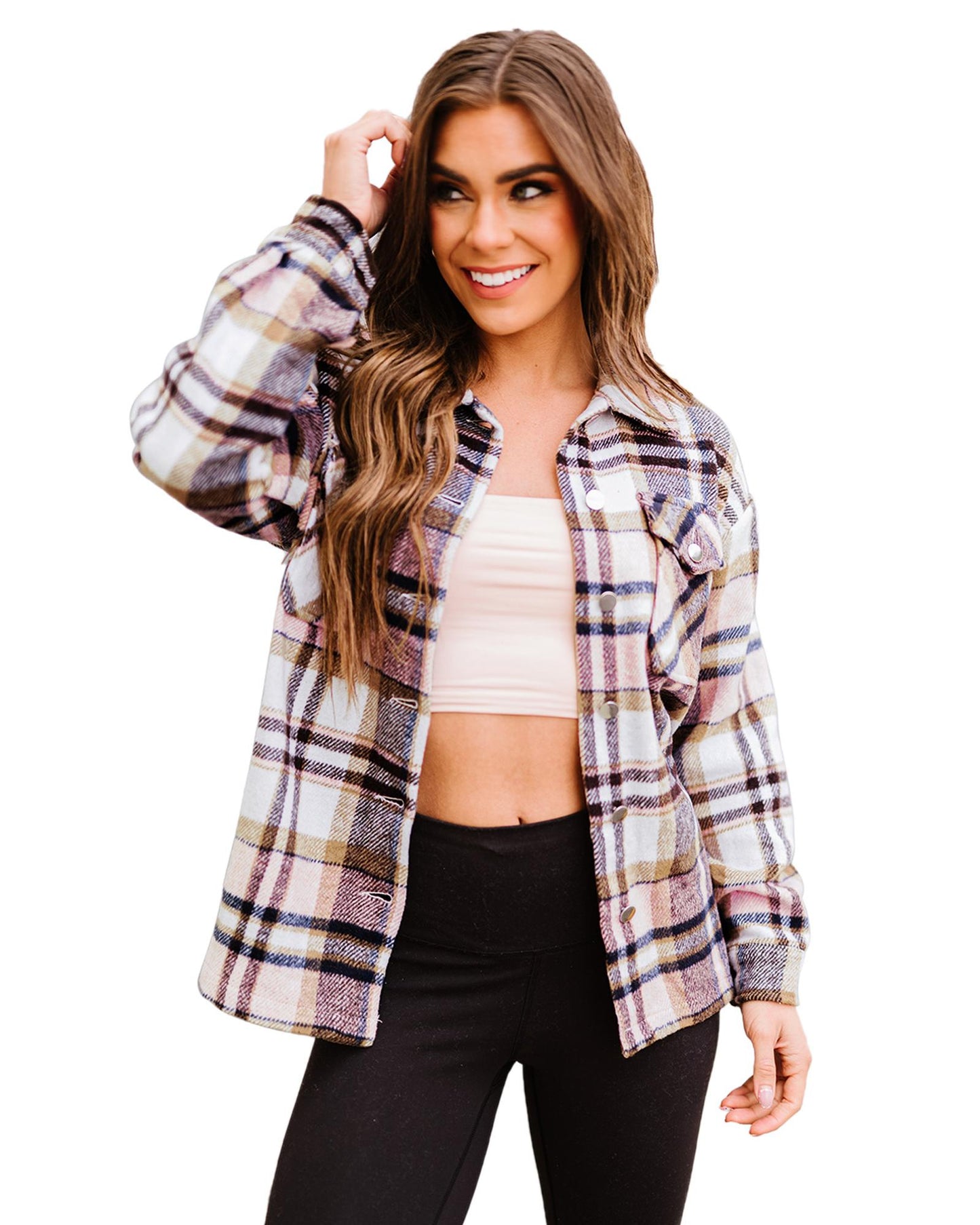 Geometric Plaid Print Pocketed Shacket