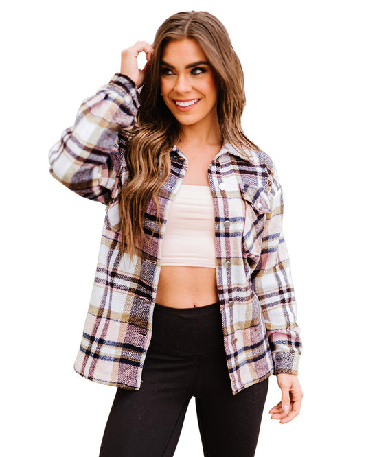 Geometric Plaid Print Pocketed Shacket