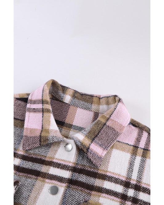 Azura Exchange Pink Geometric Plaid Print Pocketed Shacket - L