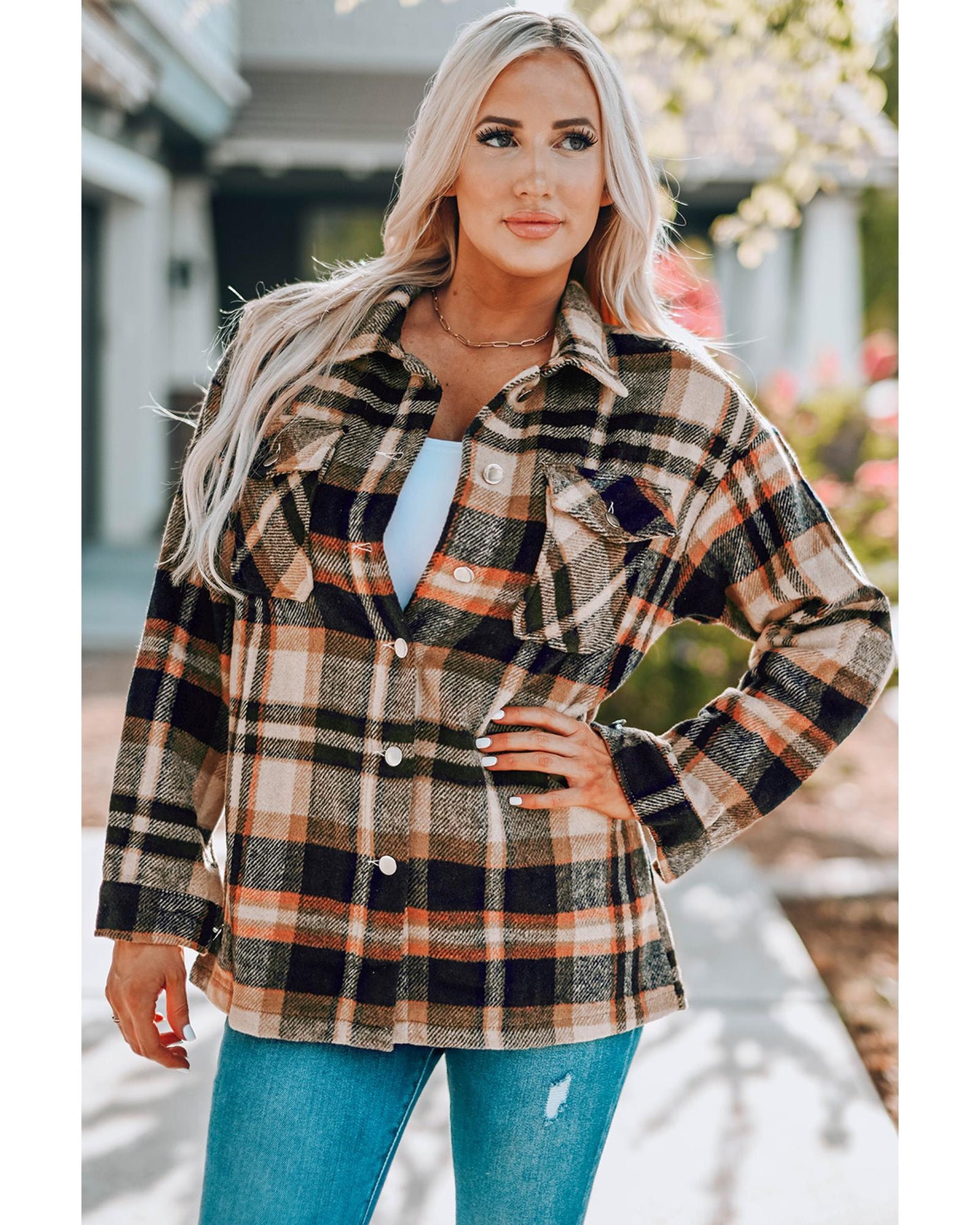 Geometric Plaid Print Pocketed Shacket