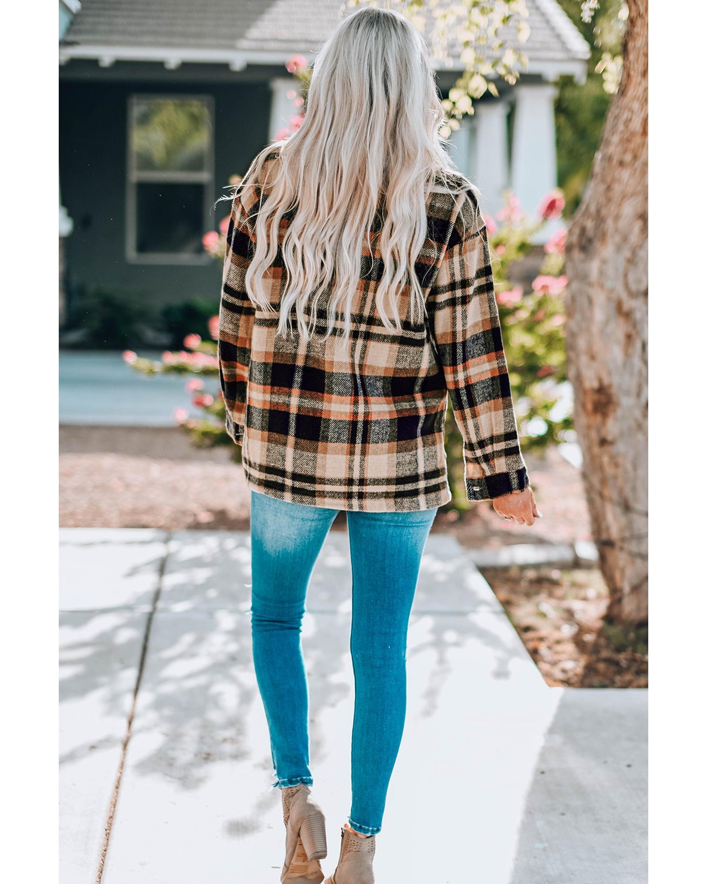 Geometric Plaid Print Pocketed Shacket