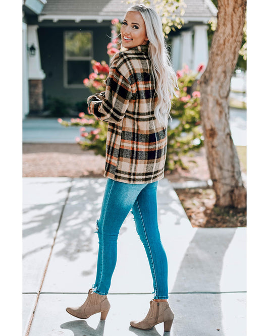 Geometric Plaid Print Pocketed Shacket